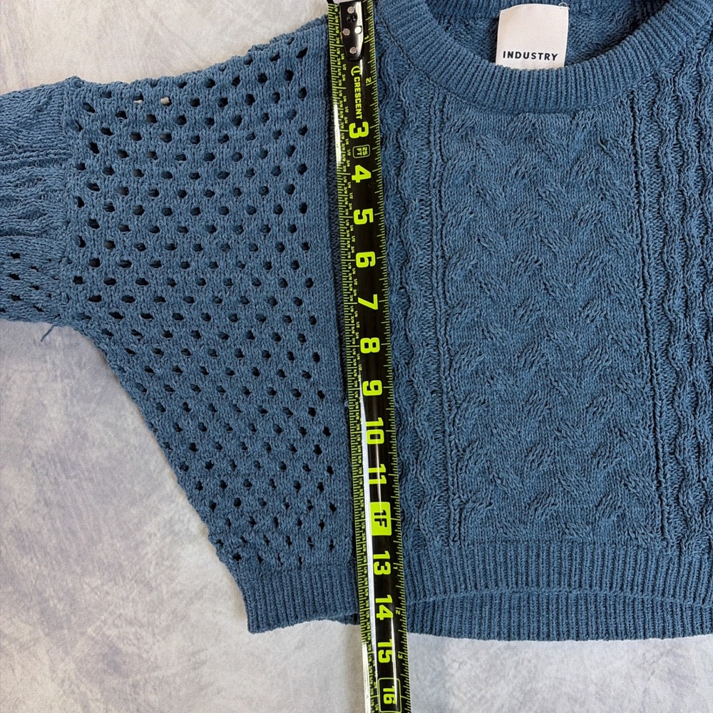 Industry Sweater Womens XS Blue Cable Knit Pointelle Cropped Long Sleeve Top - Picture 5 of 7